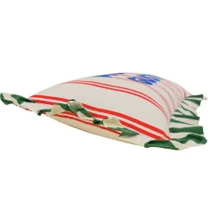 Coussin Taxi Brousse brodé - Mucho Gusto - rayé rouge avec volants verts