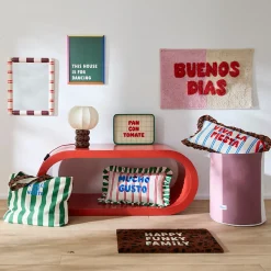 Coussin Taxi Brousse brodé - Viva la Fiesta - rayé bleu avec volants léopard