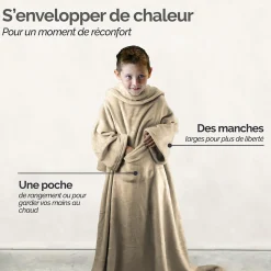 Couverture polaire plaid intégral avec manches et poche - Enfant ou adulte jusqu'à 1.65m 160 x 120 cm - Beige - Vivezen