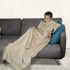Couverture polaire plaid intégral avec manches et poche - Enfant ou adulte jusqu'à 1.65m 160 x 120 cm - Beige - Vivezen