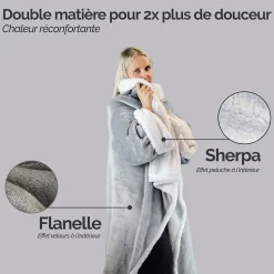 Couverture polaire, plaid intégral avec manches et poche - 140 x 210 cm - Sherpa et flanelle - Adulte - Gris - Vivezen