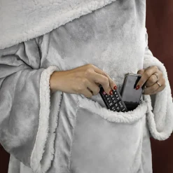 Couverture polaire, plaid intégral avec manches et poche - 140 x 210 cm - Sherpa et flanelle - Adulte - Gris - Vivezen