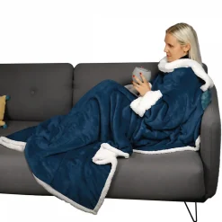 Couverture polaire, plaid intégral avec manches et poche - 140 x 210 cm - Sherpa et flanelle - Adulte - Bleu - Vivezen