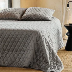 Couvre-Lit et Taies d'Oreiller en Velours Matelassé (230x250 cm - Gris)