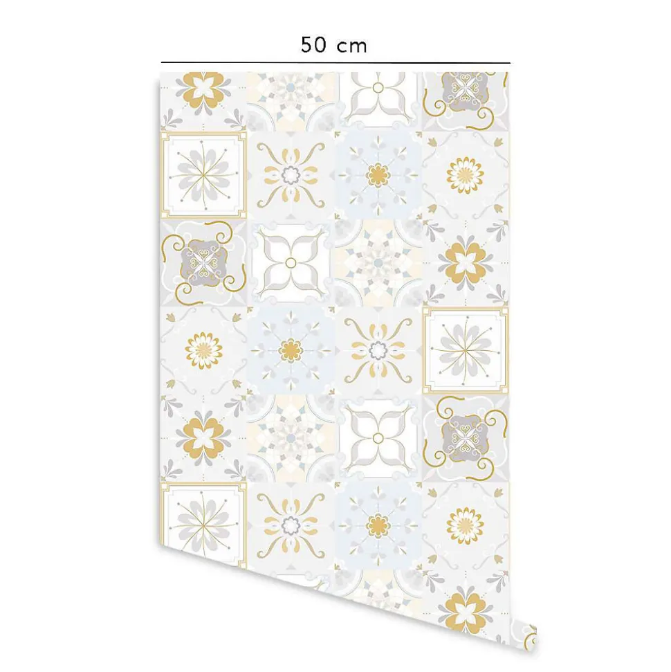 Crédence adhésive carreaux de ciment gris et moutarde en vinyle lavable et amovible - 1 rouleau 50x300 cm - Decochic