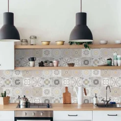 Crédence adhésive lavable cuisine beige et gris en vinyle lavable et amovible - 1 rouleau 50x300 cm - Decochic