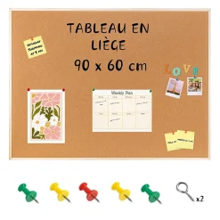 Creative Home 90 x 60 cm Tableau Liege Mural - Panneau Liege Mural - Tableau Liège - Vision Board - Inclus Punaises Tableau Liège