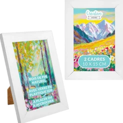 Creative Home 2x Cadre Photo 10x15cm Blanc Mural - Bois de Pin - Support Crochets - Accrocher Horizontalement ou Verticalement