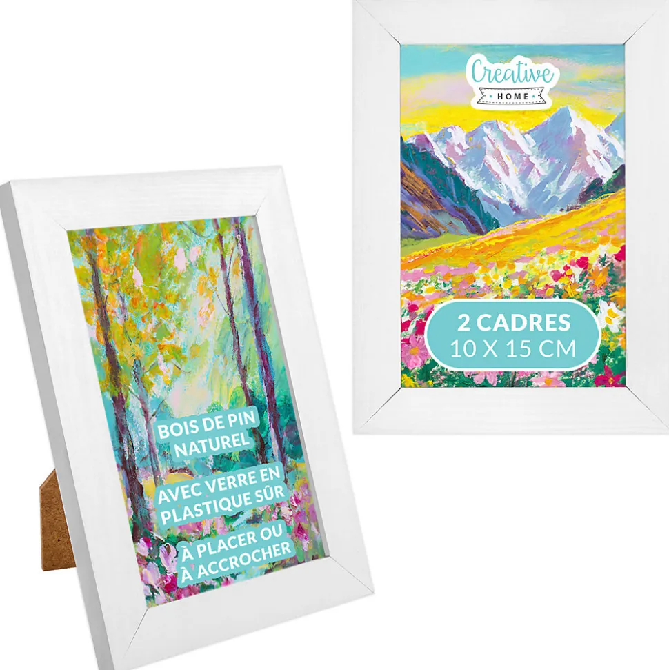 Creative Home 2x Cadre Photo 10x15cm Blanc Mural - Bois de Pin - Support Crochets - Accrocher Horizontalement ou Verticalement