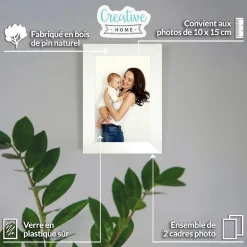 Creative Home 2x Cadre Photo 10x15cm Blanc Mural - Bois de Pin - Support Crochets - Accrocher Horizontalement ou Verticalement