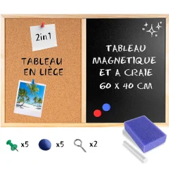 Creative Home 60x40cm Tableau Liege Mural, Tableau Magnétique Aimanté et Tableau Noir - Inclus Éponge, Aimants, Craie et Punaises