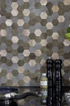 Dalle adhésive murale Wall Tiles premium D-C-Fix® hexagones effet pierre et cuivre L.34,5 x l.30cm