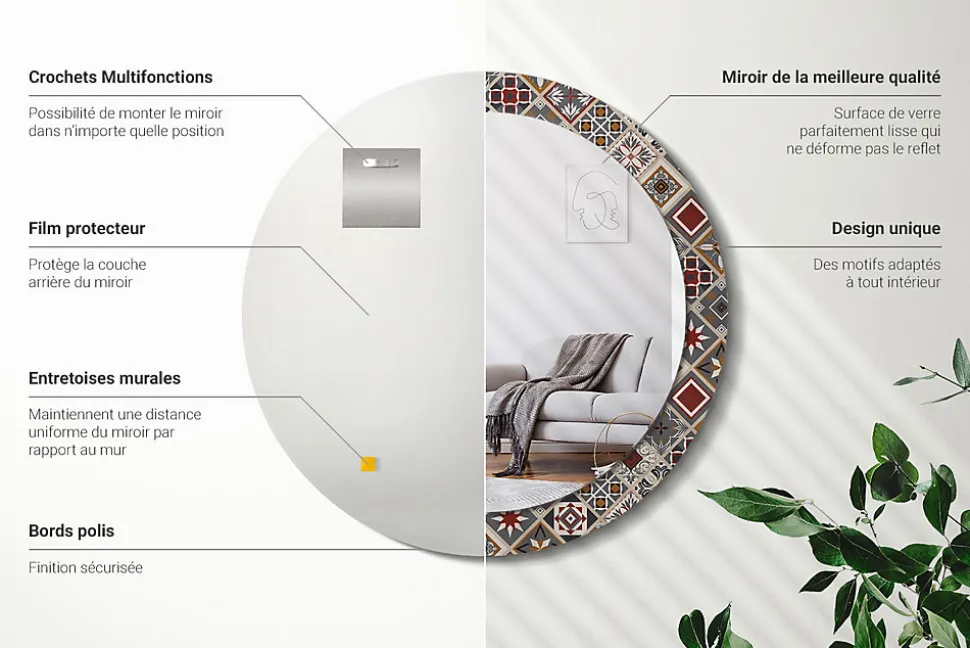 Décoratif Miroir Rond Cadre Verre Wallfluent fi80 cm Motif Turc Décoration Murale Premium Sécurisé