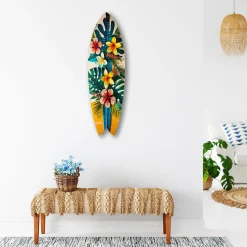 DECLINA, planche surf decorative, impression sur alu-dibond, deco murale, Planche Surf Décorative aux Fleurs Tropicales, 100x30 cm