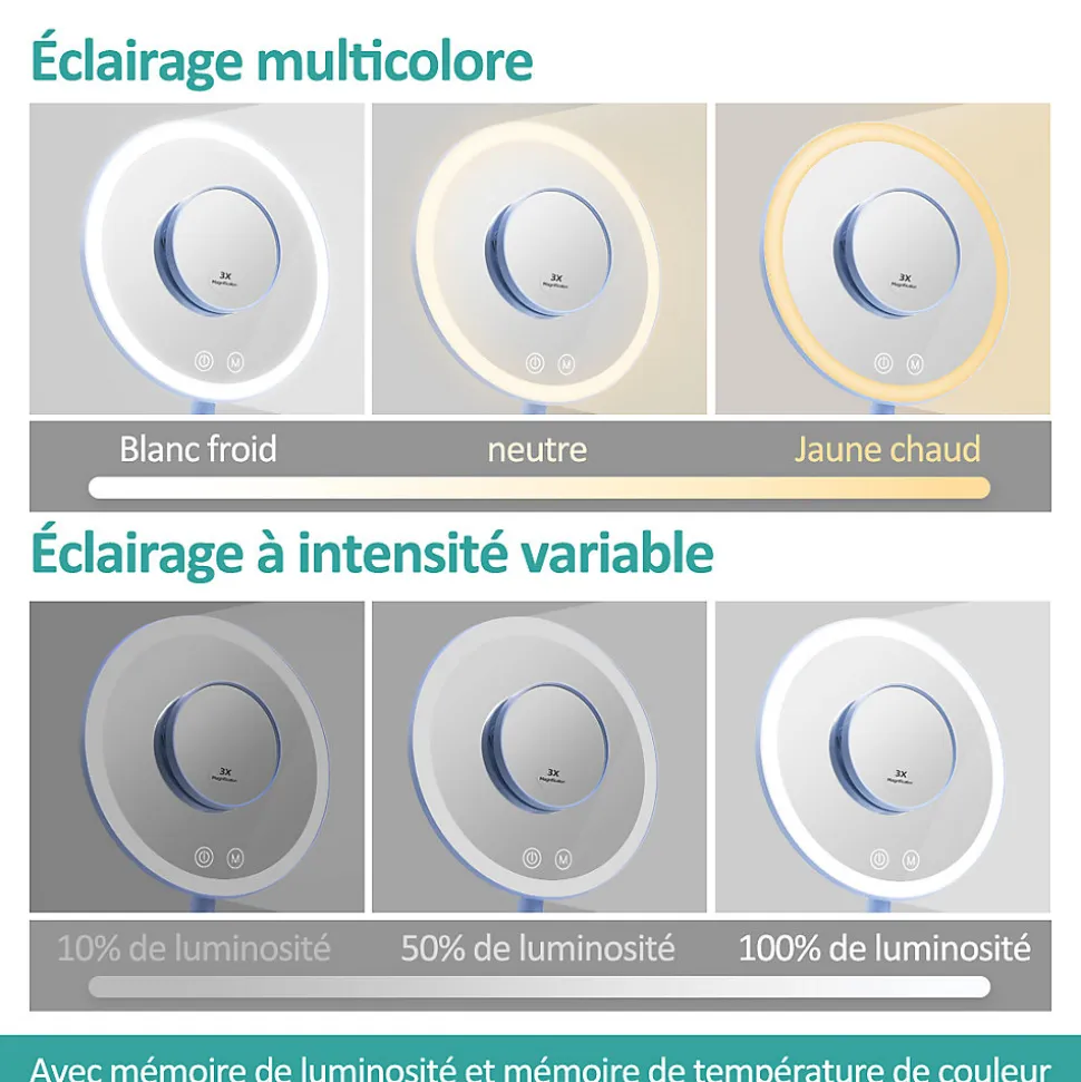 EMKE Miroir de maquillage avec éclairage, lumière variable, grossissement 1/3x, dimmable et interrupteur tactile, bleu clair