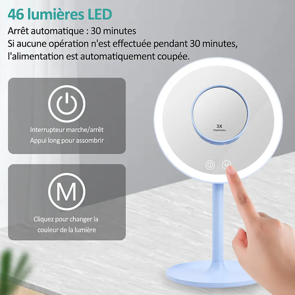 EMKE Miroir de maquillage avec éclairage, lumière variable, grossissement 1/3x, dimmable et interrupteur tactile, bleu clair