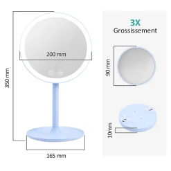 EMKE Miroir de maquillage avec éclairage, lumière variable, grossissement 1/3x, dimmable et interrupteur tactile, bleu clair
