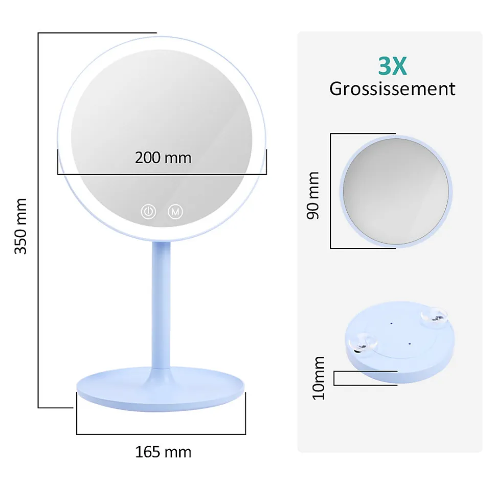 EMKE Miroir de maquillage avec éclairage, lumière variable, grossissement 1/3x, dimmable et interrupteur tactile, bleu clair