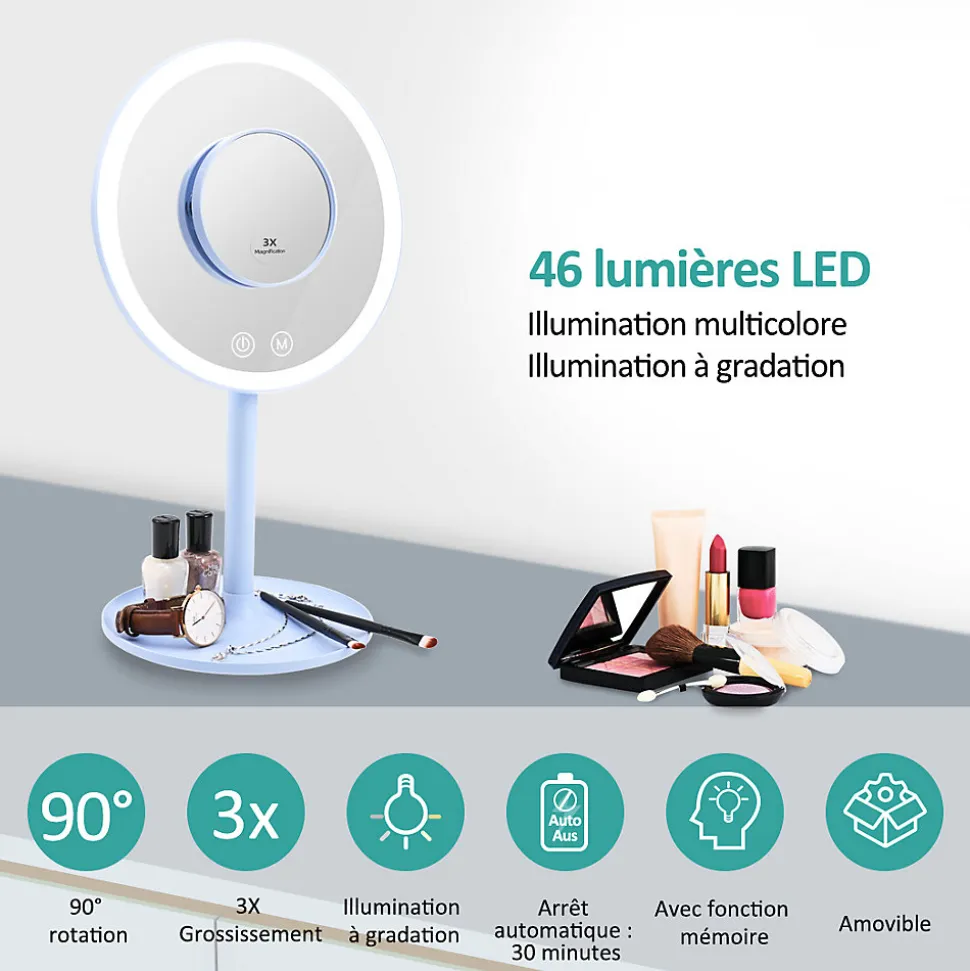 EMKE Miroir de maquillage avec éclairage, lumière variable, grossissement 1/3x, dimmable et interrupteur tactile, bleu clair