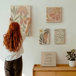 Ensemble 5 Pièces sur Châssis Bois Wallfluent Fleurs Abstraites Pastel Effet Visuel Spectaculaire