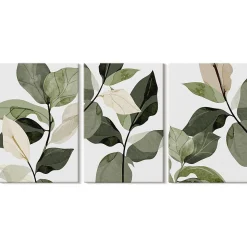 Ensemble 3 Pièces Toile sur Châssis Wallfluent 40x60 cm Feuilles De Plantes Bohèmes Peintes Format Uniforme Rendu Élégant Chambre