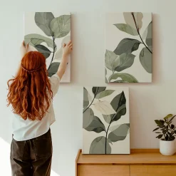 Ensemble 3 Pièces Toile sur Châssis Wallfluent 40x60 cm Feuilles De Plantes Bohèmes Peintes Format Uniforme Rendu Élégant Chambre