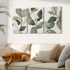 Ensemble 3 Pièces Toile sur Châssis Wallfluent 40x60 cm Feuilles De Plantes Bohèmes Peintes Format Uniforme Rendu Élégant Chambre