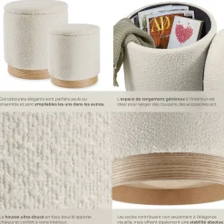 Ensemble de 2 poufs avec espace de rangement rond grand tabouret 38 x 42 cm, petit tabouret 32 x 34 cm