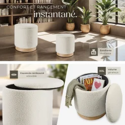 Ensemble de 2 poufs avec espace de rangement rond grand tabouret 38 x 42 cm, petit tabouret 32 x 34 cm