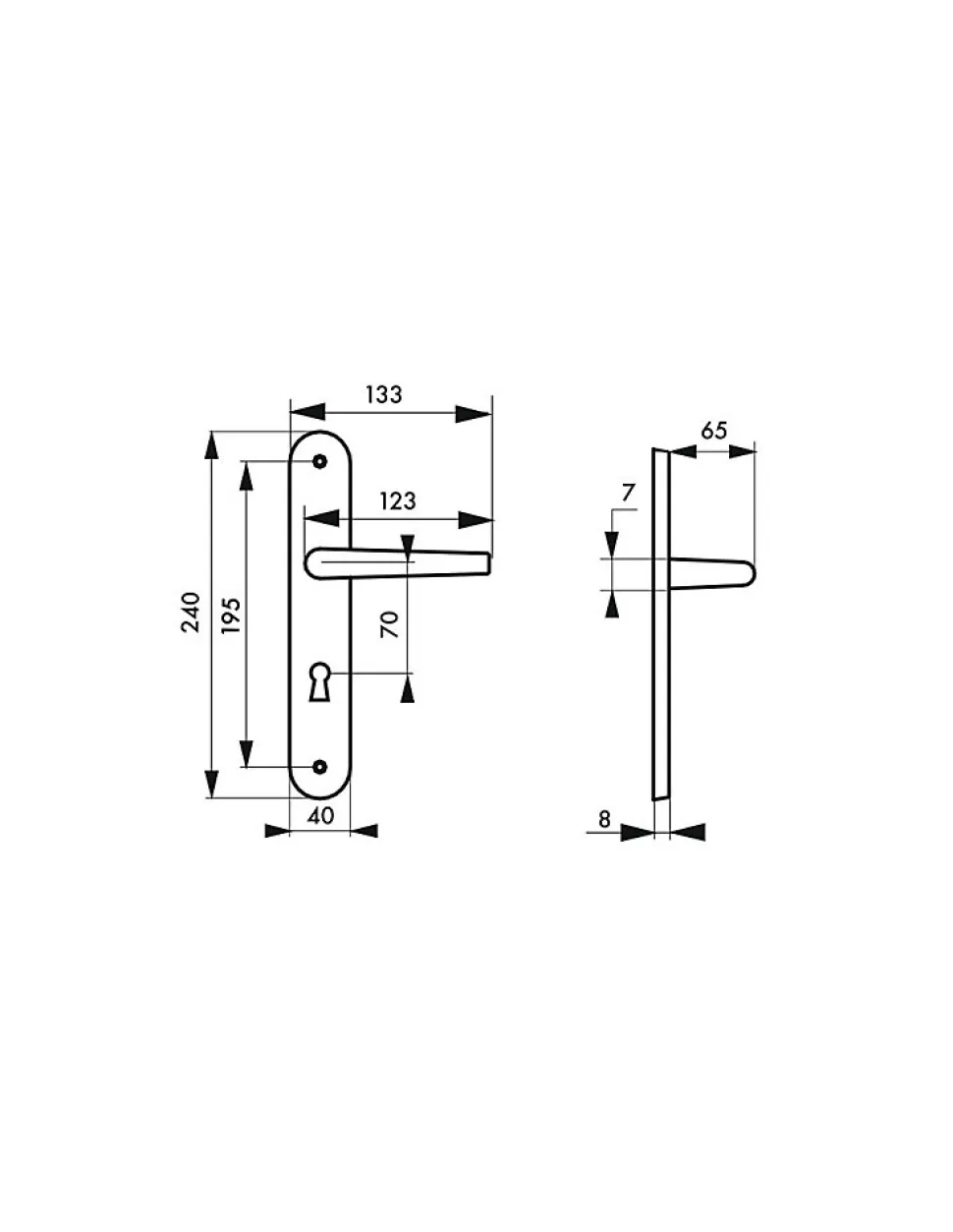 Ensemble de poignées pour porte de chambre Diane trou de clé, carré 7mm, entr'axes 195mm, nickelé brossé - THIRARD