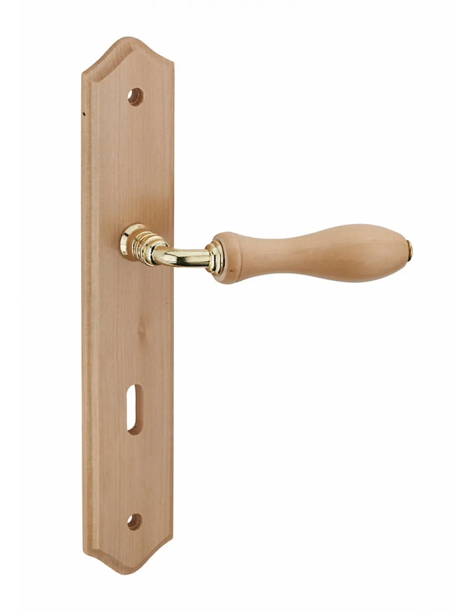 Ensemble de poignées pour porte de chambre Themis trou de clé, carré 7mm, entr'axes 195mm, bois brut - THIRARD