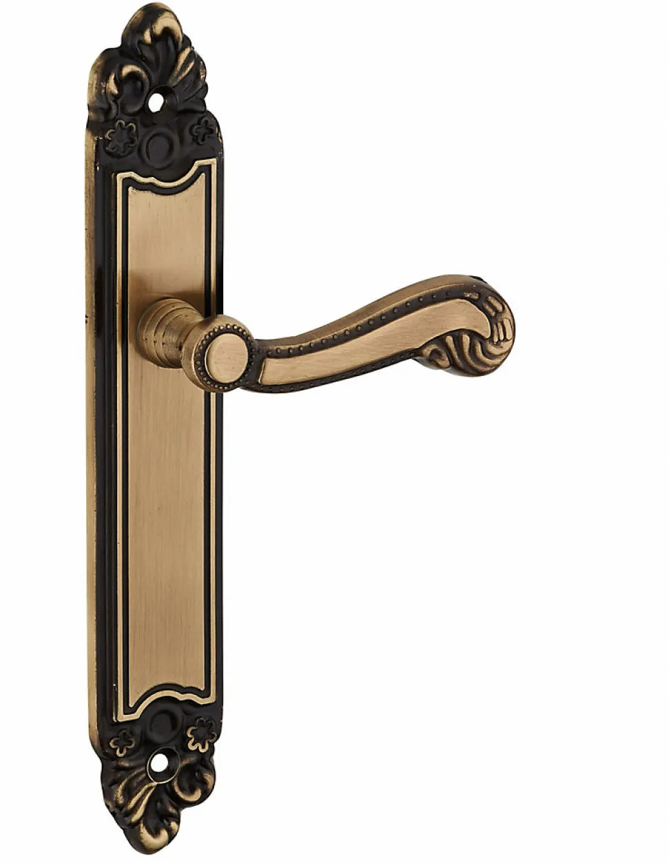 Ensemble de poignées pour porte intérieure Louis XV sans trou, carré 7mm, entr'axes 195mm, laiton vieilli - THIRARD