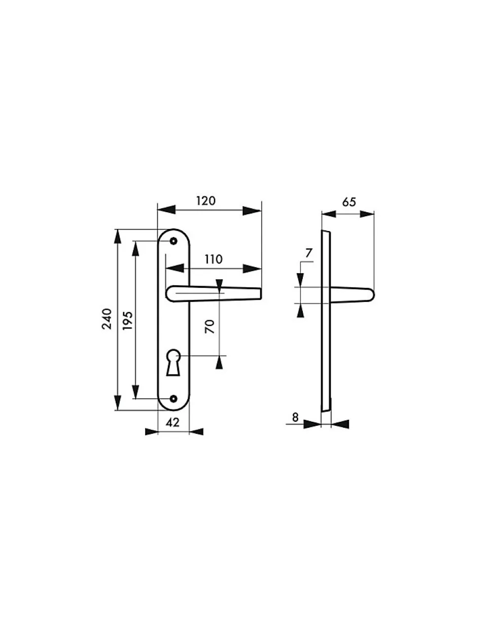 Ensemble de poignées pour porte de chambre Dionysos trou de clé, carré 7mm, entr'axes 195mm, laitonné - THIRARD