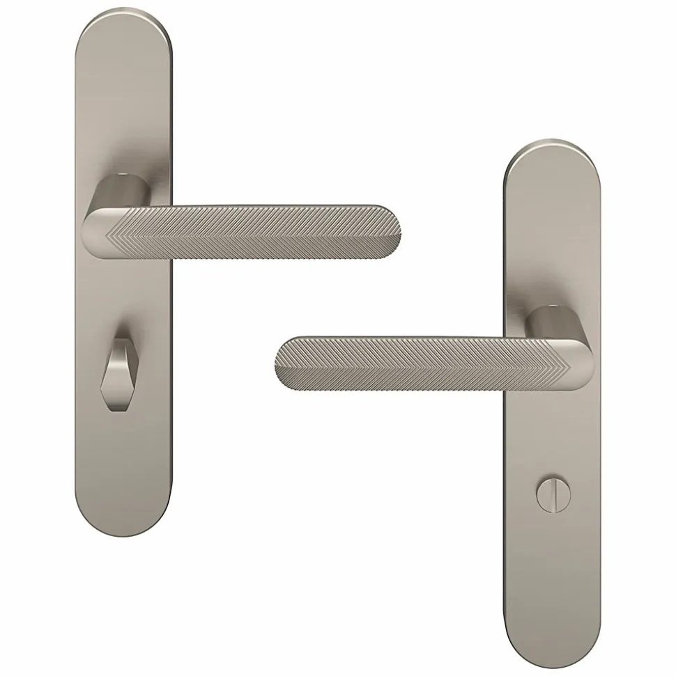Ensemble poignée sur plaque rond à condamnation GoodHome Garlan effet nickel satin gris L.125mm x l.42mm entraxe 165-195mm