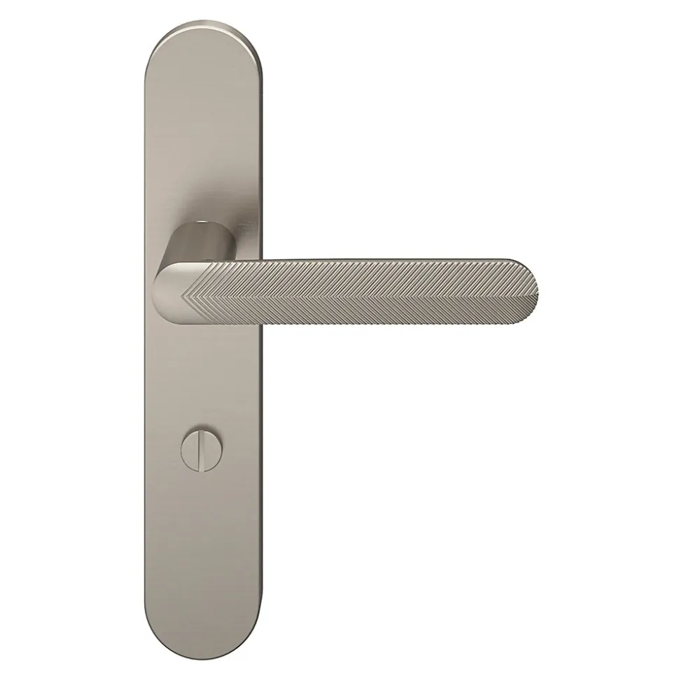 Ensemble poignée sur plaque rond à condamnation GoodHome Garlan effet nickel satin gris L.125mm x l.42mm entraxe 165-195mm