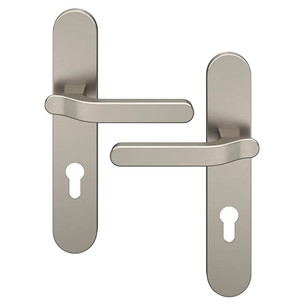 Ensemble poignée sur plaque rondcylindre GoodHome Prat effet nickel satin gris L.129mm x l.42mm entraxe 165-195mm
