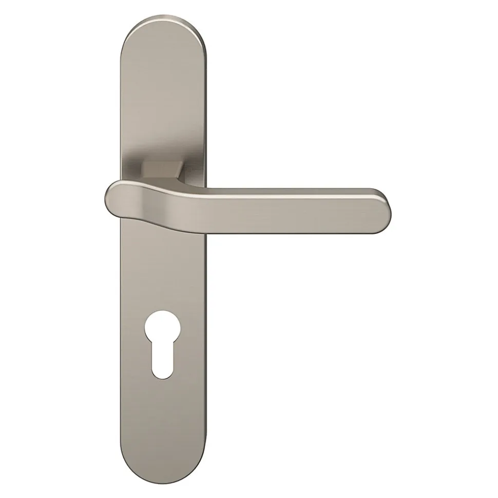 Ensemble poignée sur plaque rondcylindre GoodHome Prat effet nickel satin gris L.129mm x l.42mm entraxe 165-195mm