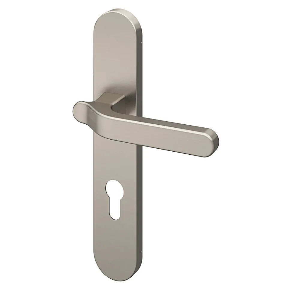 Ensemble poignée sur plaque rondcylindre GoodHome Prat effet nickel satin gris L.129mm x l.42mm entraxe 165-195mm