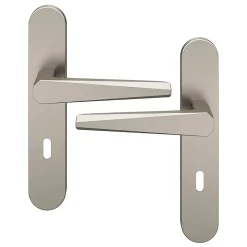 Ensemble poignée sur plaque rond serrure GoodHome Keri effet nickel satin gris L.140mm x l.42mm entraxe 165-195mm