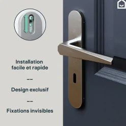 Ensemble poignée sur plaque rond serrure GoodHome Keri effet nickel satin gris L.140mm x l.42mm entraxe 165-195mm