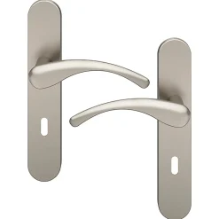 Ensemble poignée sur plaque rond serrure GoodHome Ruis effet nickel satin gris L.138.5mm x l.42mm entraxe 165-195mm