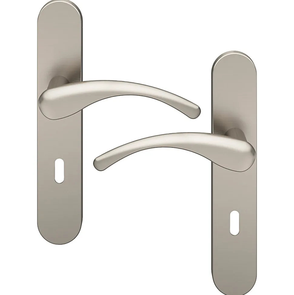 Ensemble poignée sur plaque rond serrure GoodHome Ruis effet nickel satin gris L.138.5mm x l.42mm entraxe 165-195mm