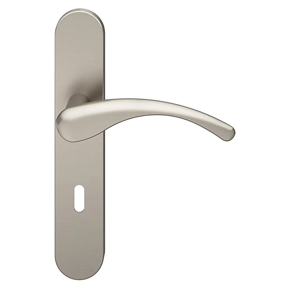 Ensemble poignée sur plaque rond serrure GoodHome Ruis effet nickel satin gris L.138.5mm x l.42mm entraxe 165-195mm