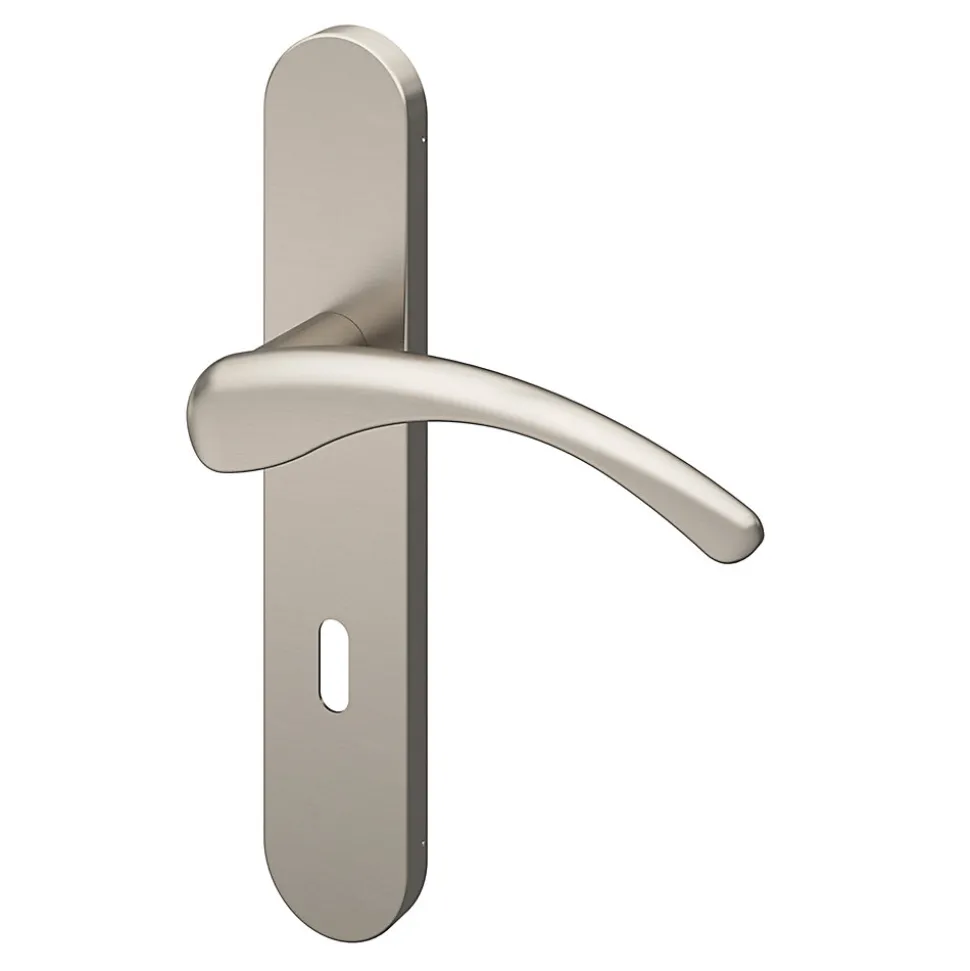 Ensemble poignée sur plaque rond serrure GoodHome Ruis effet nickel satin gris L.138.5mm x l.42mm entraxe 165-195mm