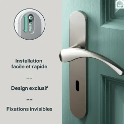 Ensemble poignée sur plaque rond serrure GoodHome Ruis effet nickel satin gris L.138.5mm x l.42mm entraxe 165-195mm