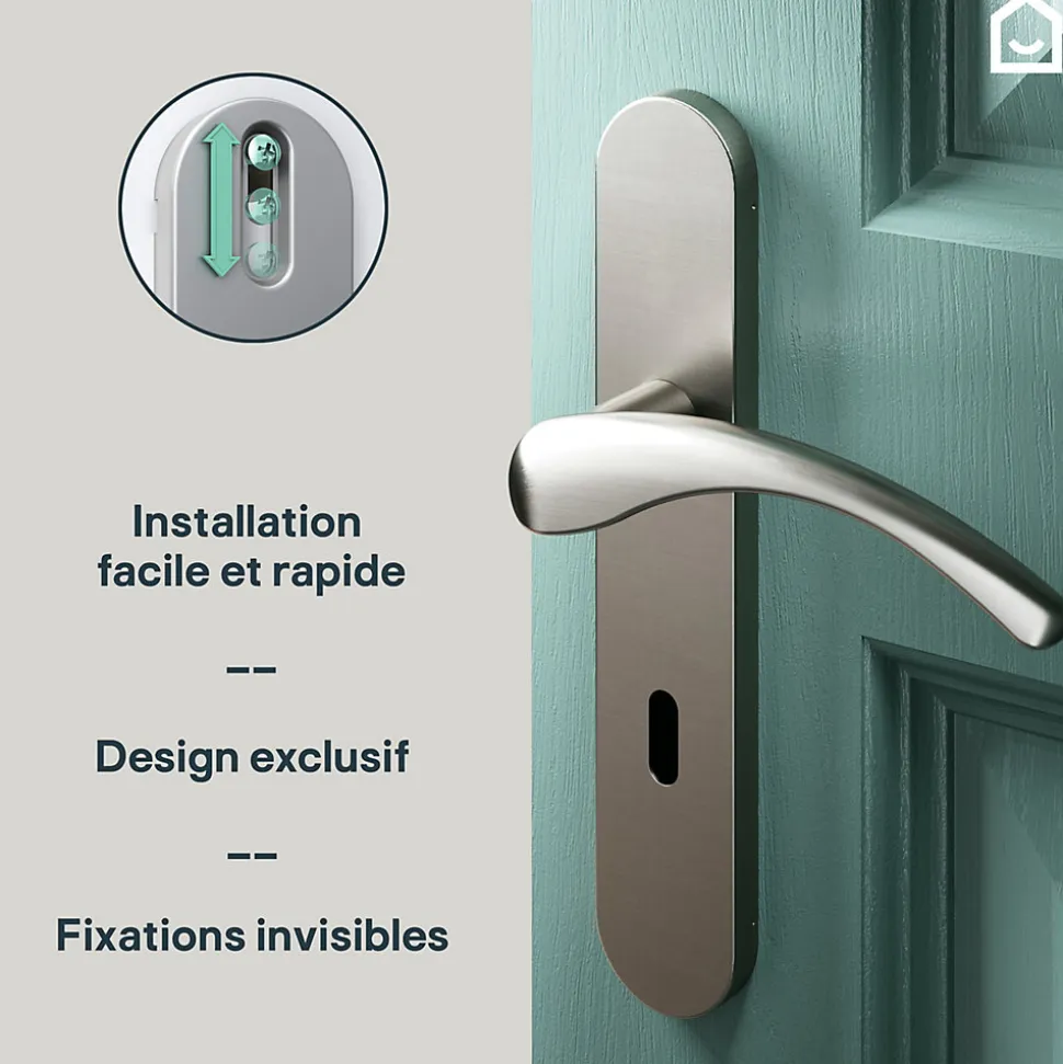 Ensemble poignée sur plaque rond serrure GoodHome Ruis effet nickel satin gris L.138.5mm x l.42mm entraxe 165-195mm