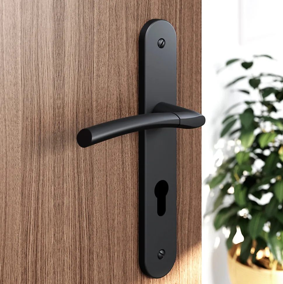 Ensemble poignée sur plaque rondcylindre GoodHome Hirel effet nickel mat noir L.128mm x l.40mm entraxe 195mm