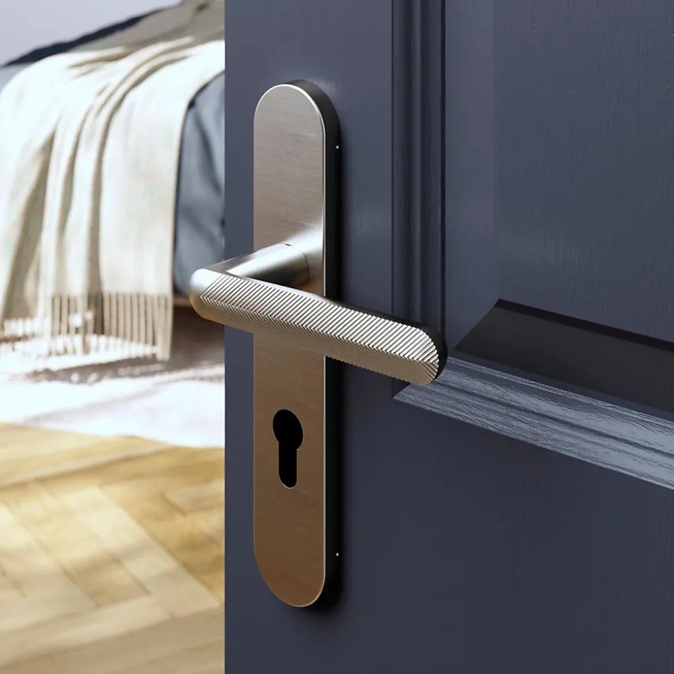 Ensemble poignée sur plaque rondcylindre GoodHome Garlan effet nickel satin gris L.125mm x l.42mm entraxe 165-195mm