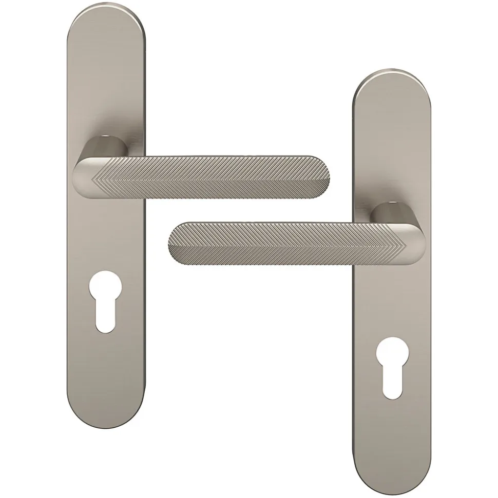 Ensemble poignée sur plaque rondcylindre GoodHome Garlan effet nickel satin gris L.125mm x l.42mm entraxe 165-195mm