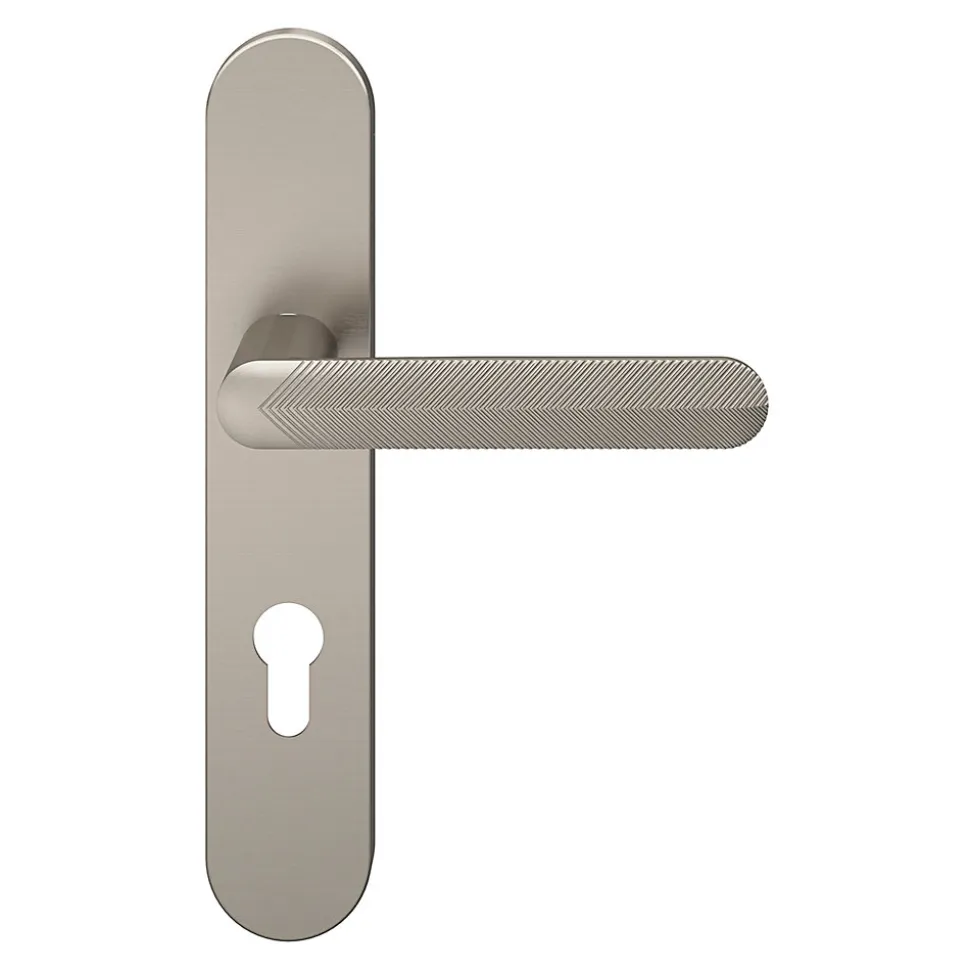 Ensemble poignée sur plaque rondcylindre GoodHome Garlan effet nickel satin gris L.125mm x l.42mm entraxe 165-195mm